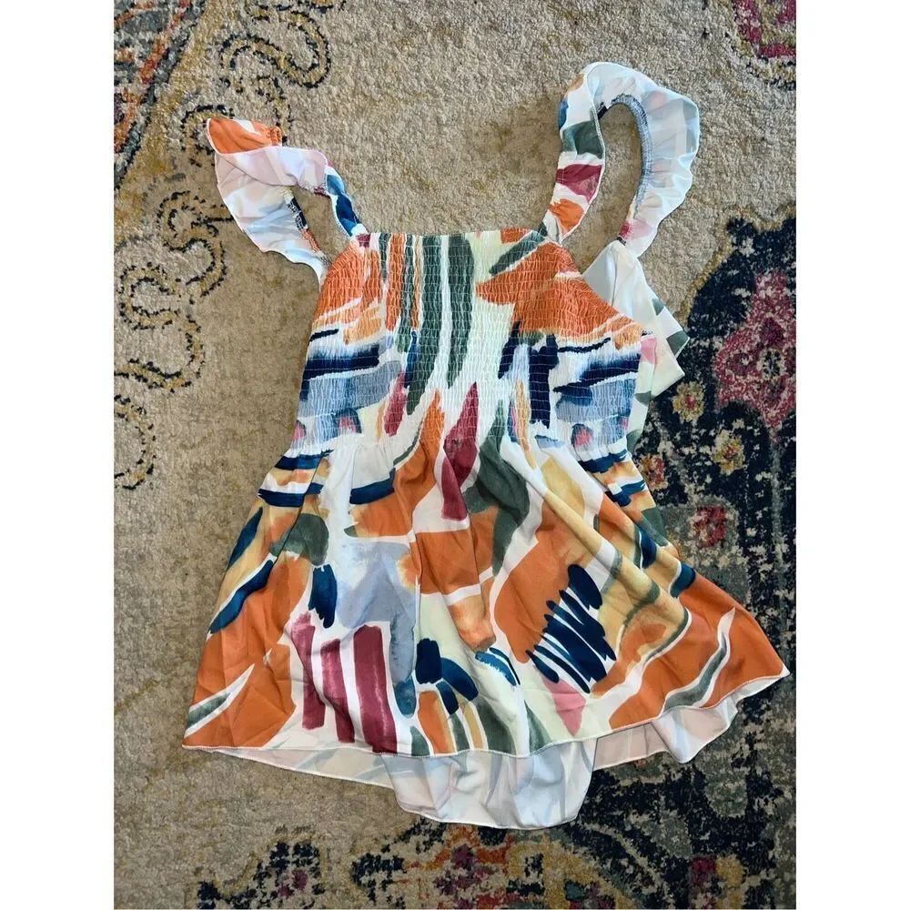 VCAY Brush Print Shirred Cut Out Tie Back Top (L)